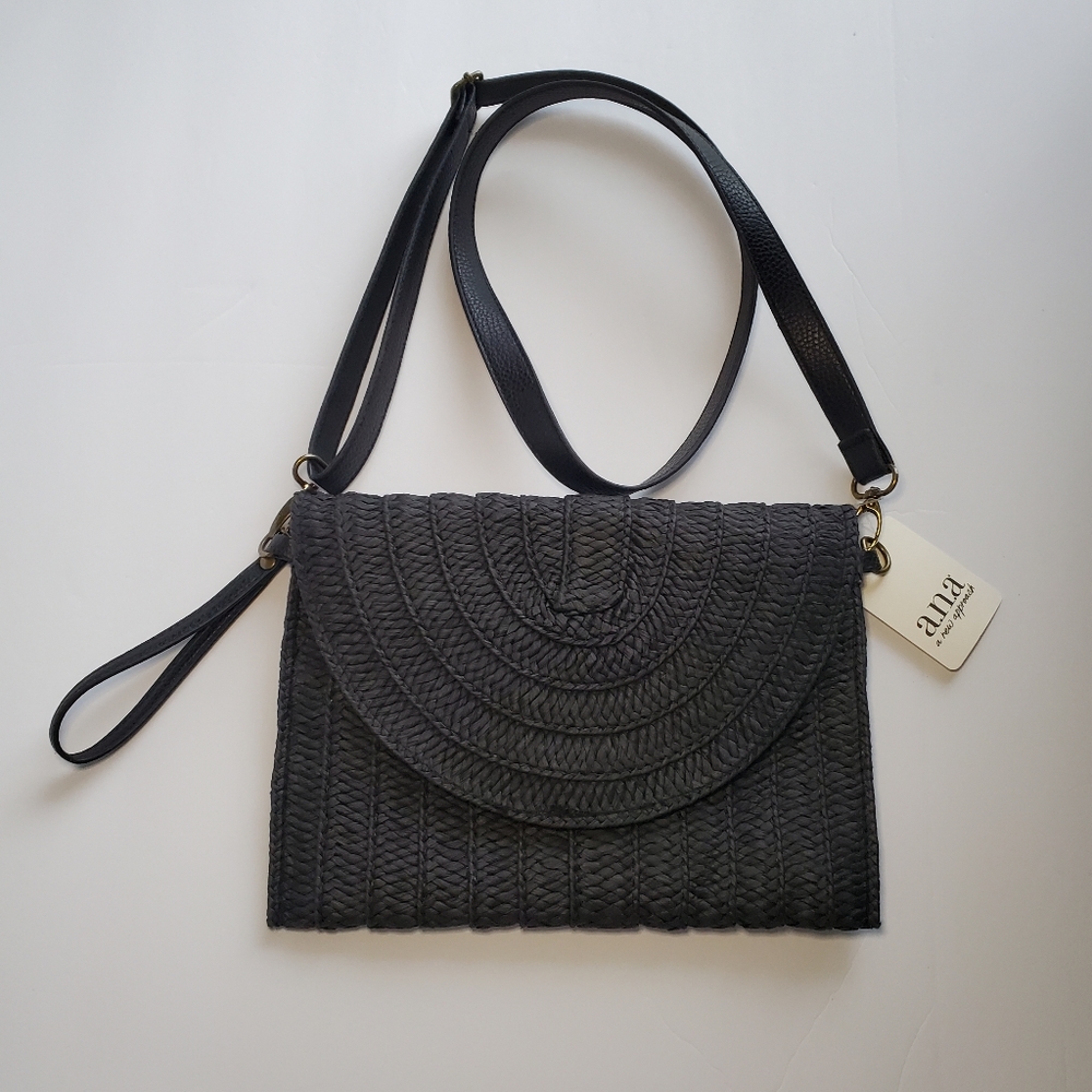 A.N.A a new approach Straw Flap Crossbody Purse Black